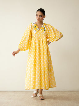 Rustorange - Yellow Polka Dots Cotton A-Line Dress