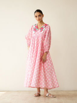 Rustorange - Pink Polka Dots Cotton A-Line Dress