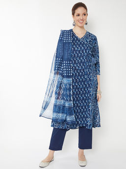 max - Blue Printed Cotton Regular Kurta with Pant and Dupatta