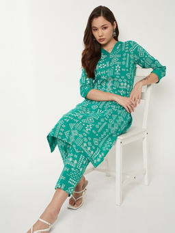 max - Green Printed Cotton Slub Regular Kurta and Pant