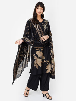 max - Black Floral Chanderi Regular Kurta with Pant and Dupatta