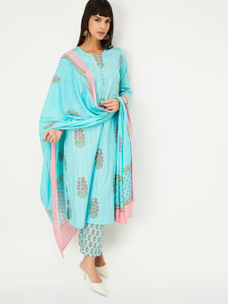max - Blue Floral Cotton Blend Regular Kurta with Pant and Dupatta