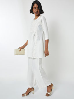 max - White Embroidered Polyester Blend Regular Kurta and Pant
