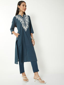 max - Blue Embroidered Cotton Slub Regular Kurta and Pant