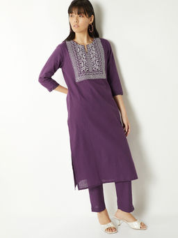 max - Purple Embroidered Cotton Slub Regular Kurta and Pant