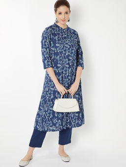 max - Blue Floral Cotton Slub Regular Kurta and Pant