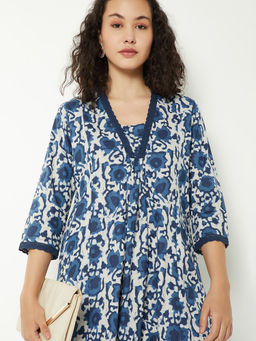 max - Blue Floral Cotton Slub Regular Kurta and Pant