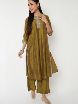 max - Green Embroidered Polyester Blend Regular Kurta and Palazzo