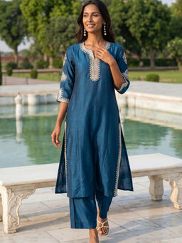 max - Blue Embroidered Polyester Blend Regular Kurta and Pant