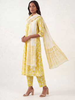 max - Yellow Floral Chanderi Regular Kurta with Pant and Dupatta