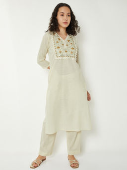 max - White Embroidered Cotton Slub Regular Kurta and Pant