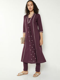 max - Purple Embroidered Cotton Regular Kurta and Pant