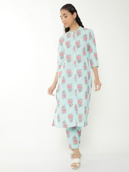 max - Blue Floral Cotton Slub Regular Kurta and Pant