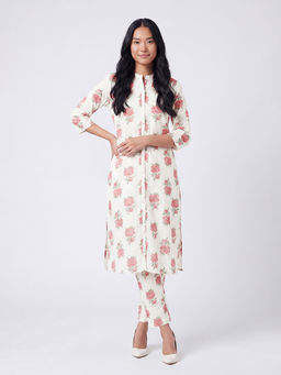 max - Off White Floral Cotton Slub Regular Kurta and Pant