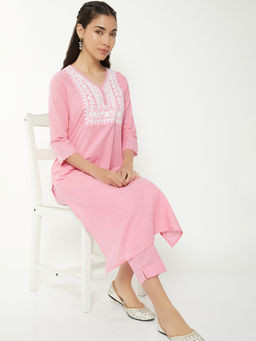 max - Pink Embroidered Cotton Slub Regular Kurta and Pant