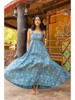 TERHA TAALI - Blue Floral Cotton A-Line Dress