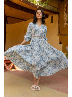 TERHA TAALI - Blue Printed Cotton Flared Dress