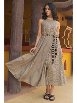TERHA TAALI - Beige Stripes Cotton A-Line Dress