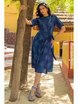 TERHA TAALI - Indigo Floral Cotton A-Line Dress