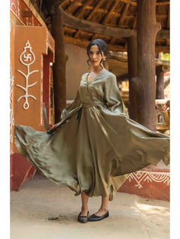 TERHA TAALI - Olive Solid Silk Flared Dress