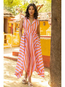 TERHA TAALI - Orange Stripes Cotton Regular Dress