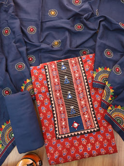 DESI SANDOOK - Red Printed Pure Cotton Unstitched Kurta and Bottom with Dupatta