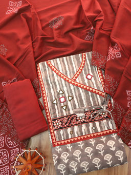 DESI SANDOOK - Maroon Printed Pure Cotton Unstitched Kurta and Bottom with Dupatta