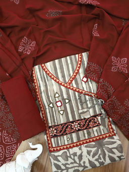 DESI SANDOOK - Maroon Printed Pure Cotton Unstitched Kurta and Bottom with Dupatta