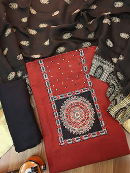 DESI SANDOOK - Red Printed Pure Cotton Unstitched Kurta and Bottom with Dupatta