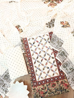 DESI SANDOOK - White Printed Pure Cotton Unstitched Kurta and Bottom with Dupatta