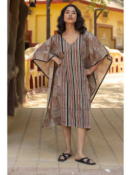 TERHA TAALI - Beige Stripes Cotton Flared Dress