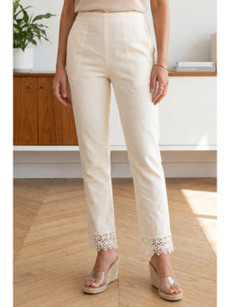 Elleven - Off White Solid Viscose Blend Straight Pant