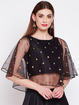 Studio Rasa - Black Embroidered Net Regular Stitched Blouse