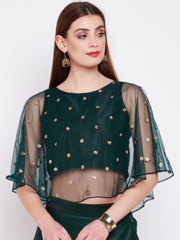 Studio Rasa - Green Embroidered Net Regular Stitched Blouse