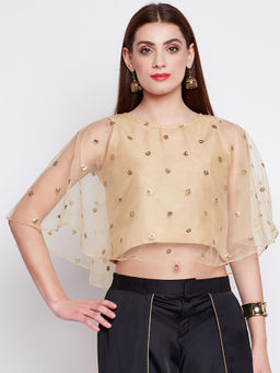 Studio Rasa - Beige Embroidered Net Regular Stitched Blouse