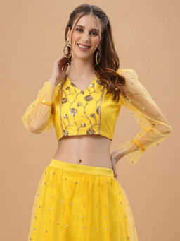 Studio Rasa - Yellow Embroidered Dupion Regular Stitched Blouse