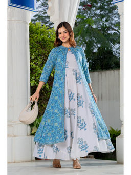 TERHA TAALI - Blue Floral Cotton Flared Dress and Jacket