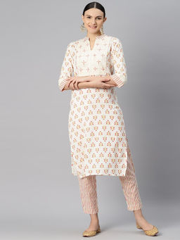 Readiprint - Straight Style Cotton Fabric Off White Kurta Pant (Set of 3)