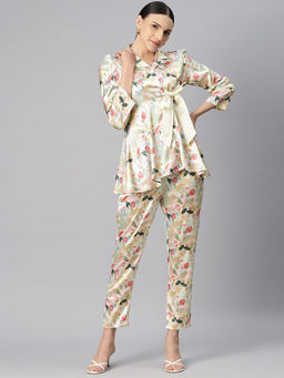 Readiprint - Shirt Style Satin Silk Fabric Beige Co-Ord (Set of 2)