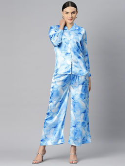 Readiprint - Shirt Style Satin Silk Fabric Blue Co-Ord (Set of 2)