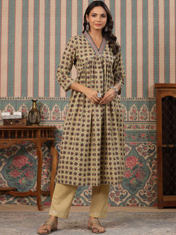 Readiprint - Anarkali Style Cotton Fabric Beige Kurta-Palazzos (Set of 2)