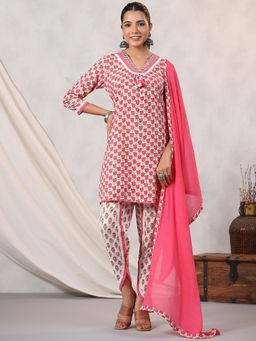 Readiprint - A Line Style Cotton Fabric Pink Kurti-Dhoti with Dupatta (Set of 3)