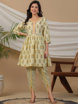 Readiprint - Frock Style Cotton Fabric Yellow Kurti-Pants (Set of 3)