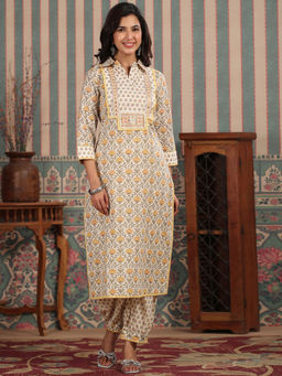 Readiprint - Straight Style Cotton Fabric Yellow Kurta-Pants (Set of 2)
