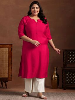 Extra love by Libas - Plus Size Women Red Woven Design Silk Straight Kurtas for Women