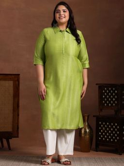 Extra love by Libas - Plus Size Women Green Woven Design Cotton Straight Kurtas for Women