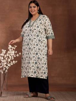 Extra love by Libas - Plus Size Women Off White Printed Cotton Kurtas for Women