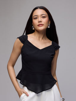 Twenty Dresses by Nykaa Fashion - Black Chiffon Sweetheart Neck Ruffled Cap sleeves Top