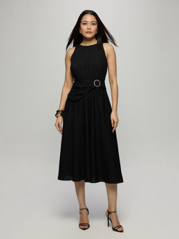 Twenty Dresses by Nykaa Fashion - Black Twill Side Cut Out Draped Buckle Detail Midi Dress