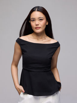 Twenty Dresses by Nykaa Fashion - Black Twill Off Shoulder Peplum Hem Regular Top